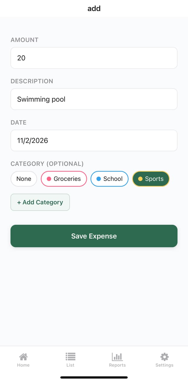 Add expense screen with amount, description, date and categories