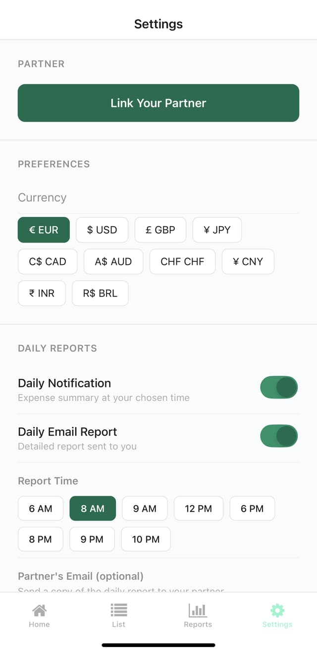 Settings screen with currency selection, daily reports, and partner linking